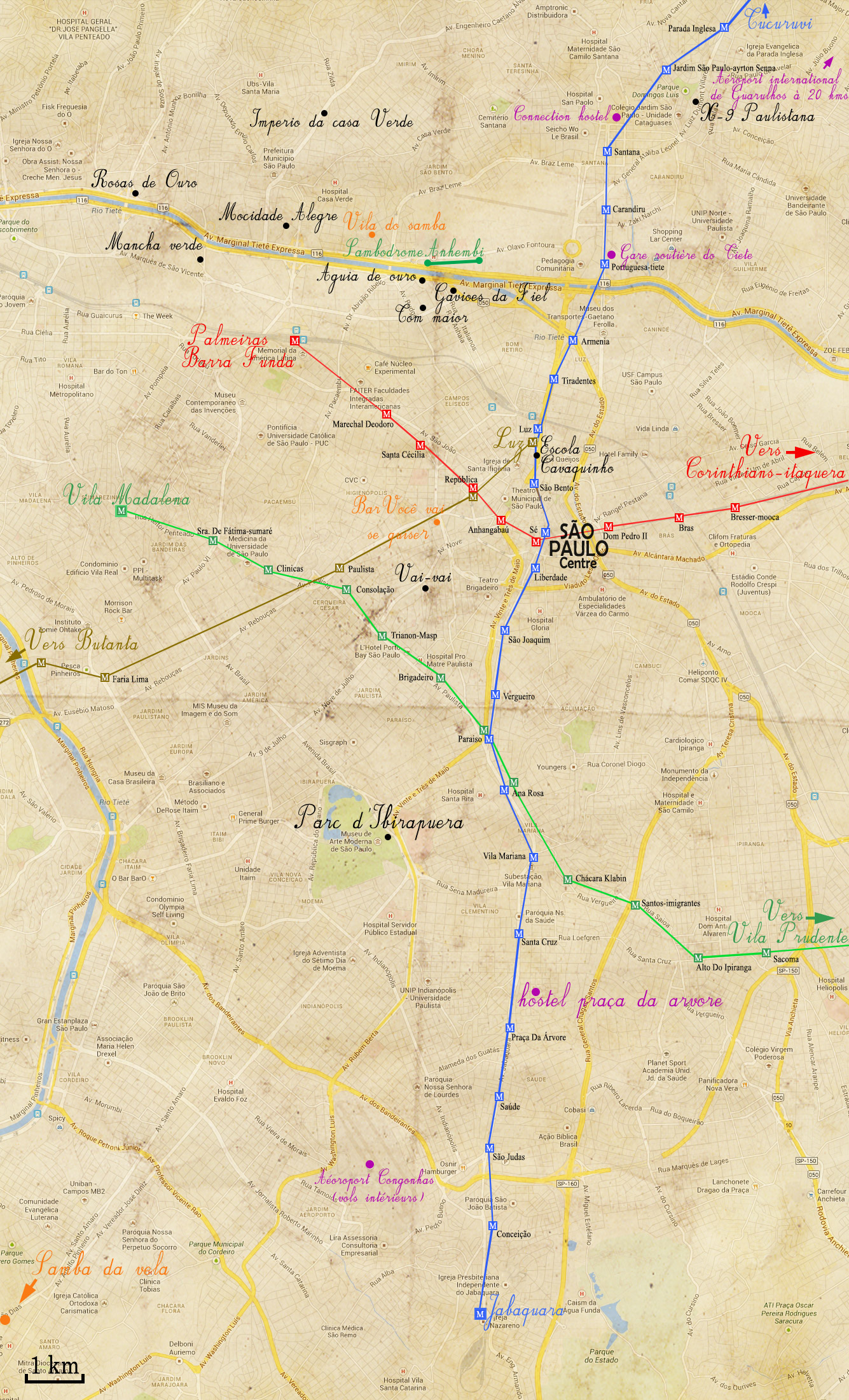 Carte de São paulo au Brésil avec les stations de métro